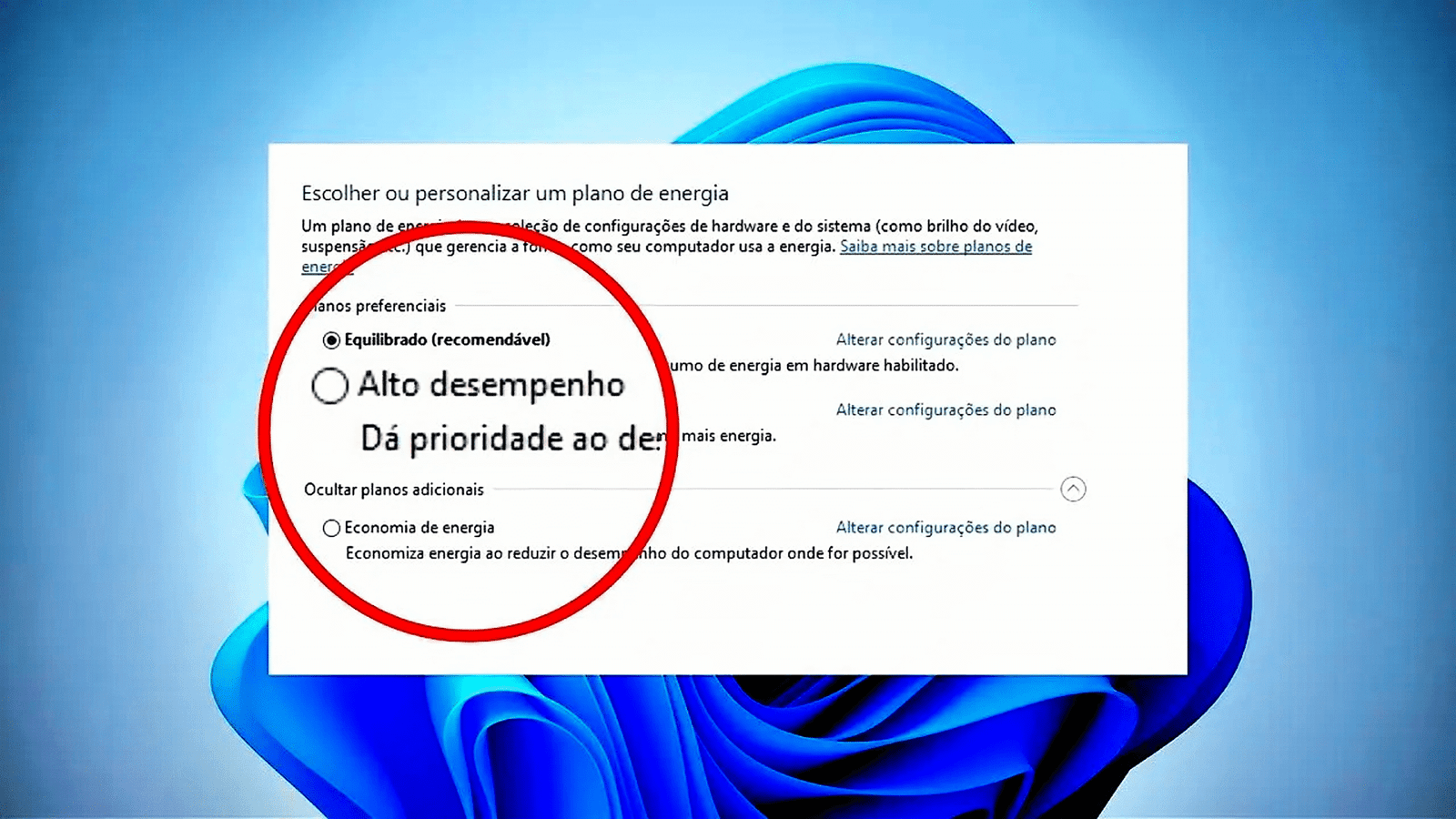 Configuração do modo alto desempenho no Windows 11 com destaque para as opções de energia no painel de controle.